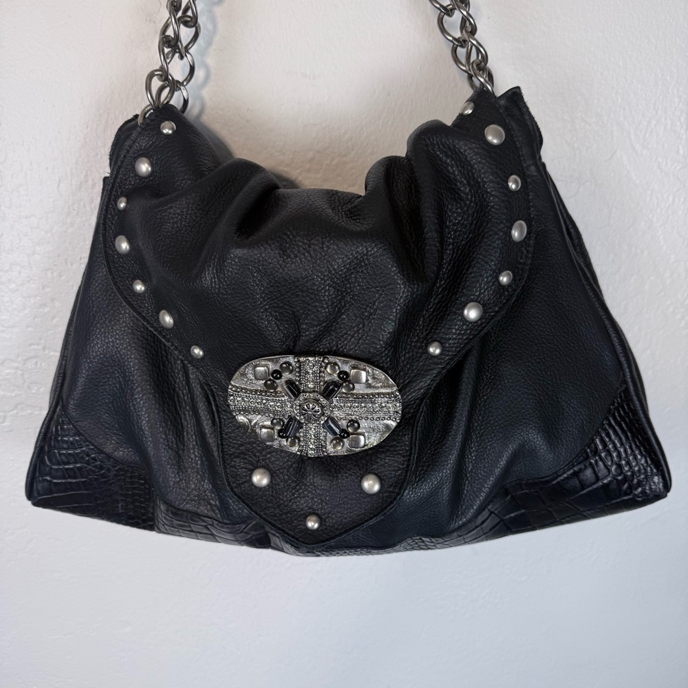 Vintage LEATHEROCK USA Black Pebbled Leather Jewel Studded Rocker Hobo Y2K Biker - Picture 13 of 16